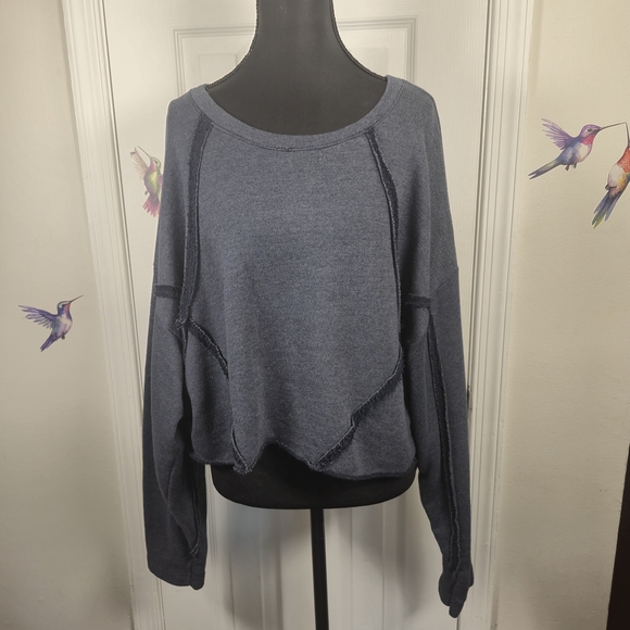 VASNA Italy Blue Raw Hem Exposed Seam Boxy Lagenlook Cropped Sweatshirt L - Picture 2 of 6